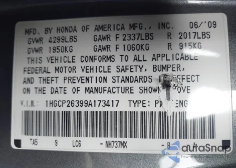 2009 Honda Accord 2.4 Lx from USA, damaged, VIN 1HGCP26399A173417